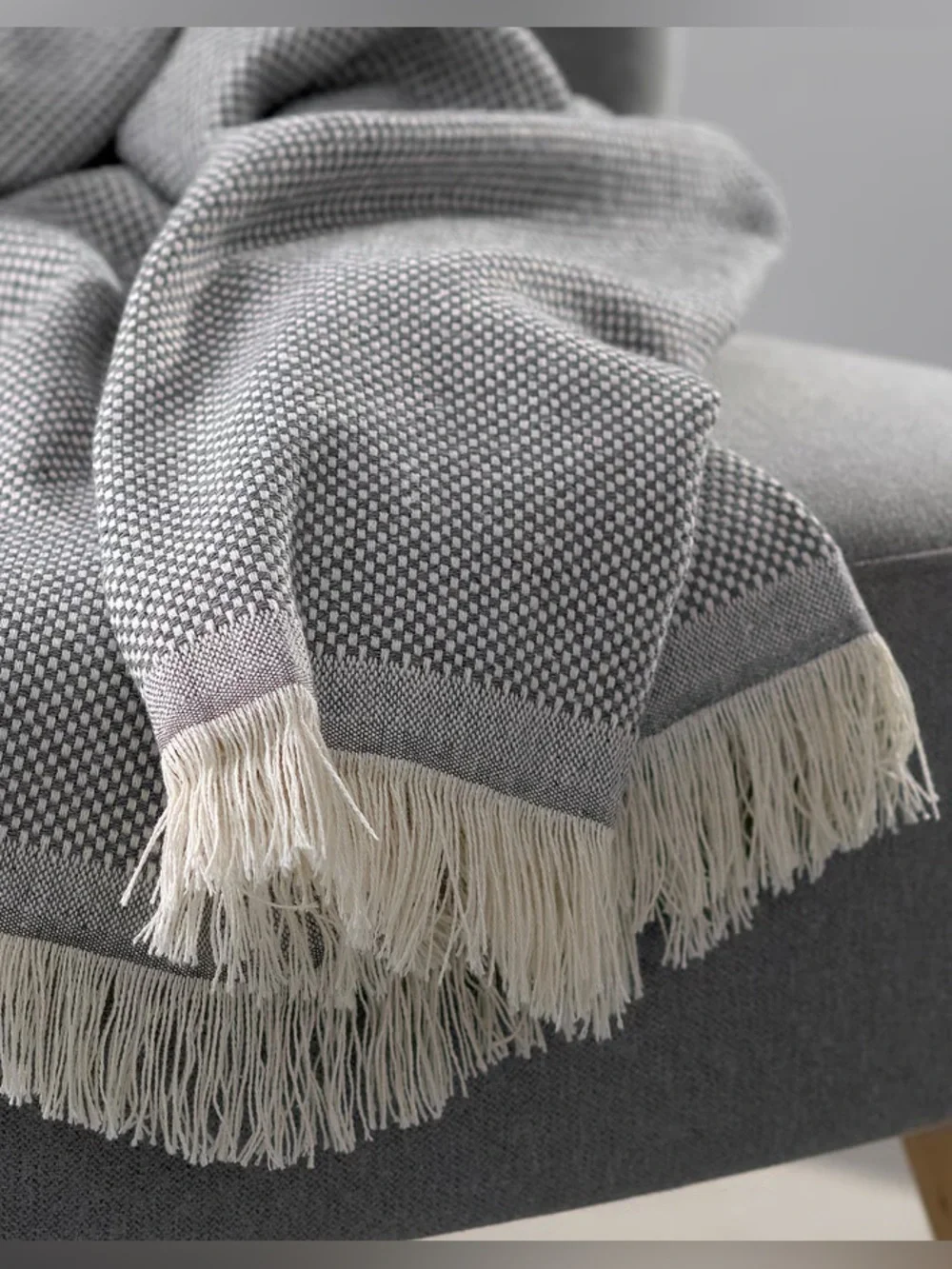 Gray Woven Fringe Throw Blanket